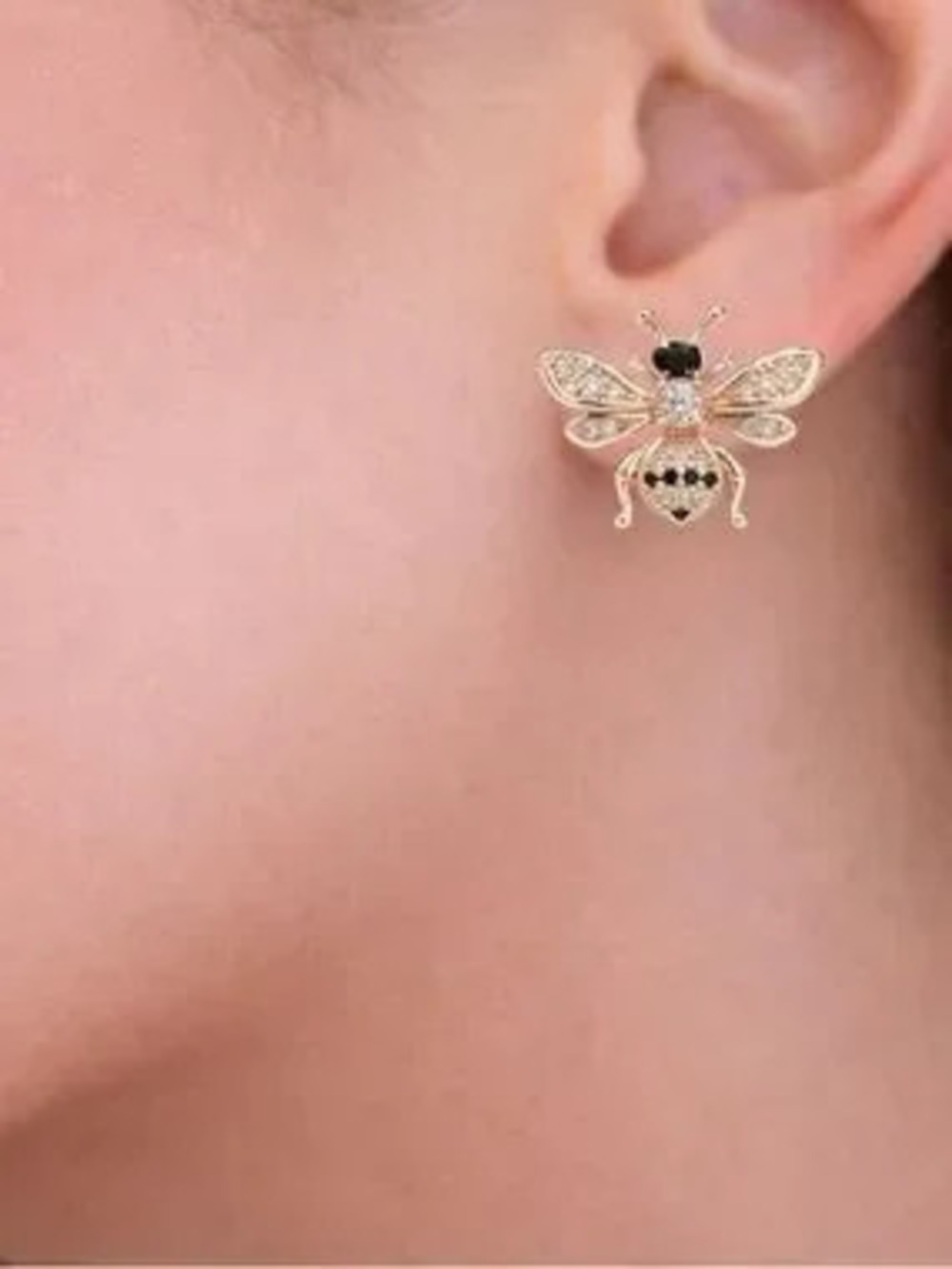 Anthropologie Gold Bee Stud Earrings with Black and Clear Accents